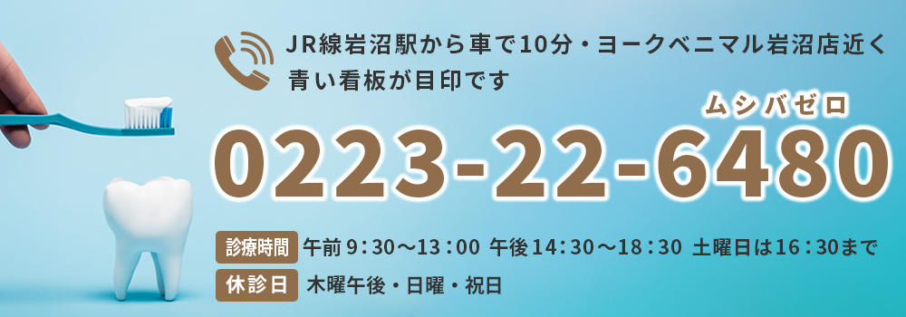 JR線岩沼駅から車で10分・ヨークベニマル岩沼店近く。青い看板が目印です 0223-22-6480 診療時間  午前 9：30～13：00  午後 14：30～18：30  土曜日は16：30まで　休診日 木曜午後・日曜・祝日
